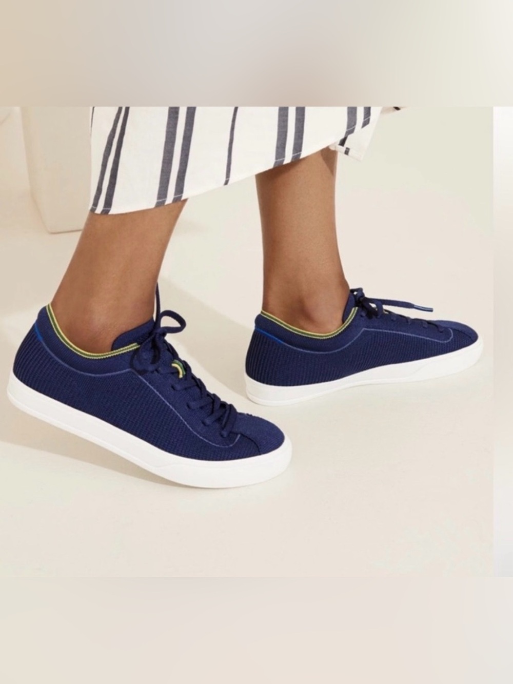 Rothy’s The Lace Up Knit Comfort Casual Sneaker in Navy& Lime Green Trim